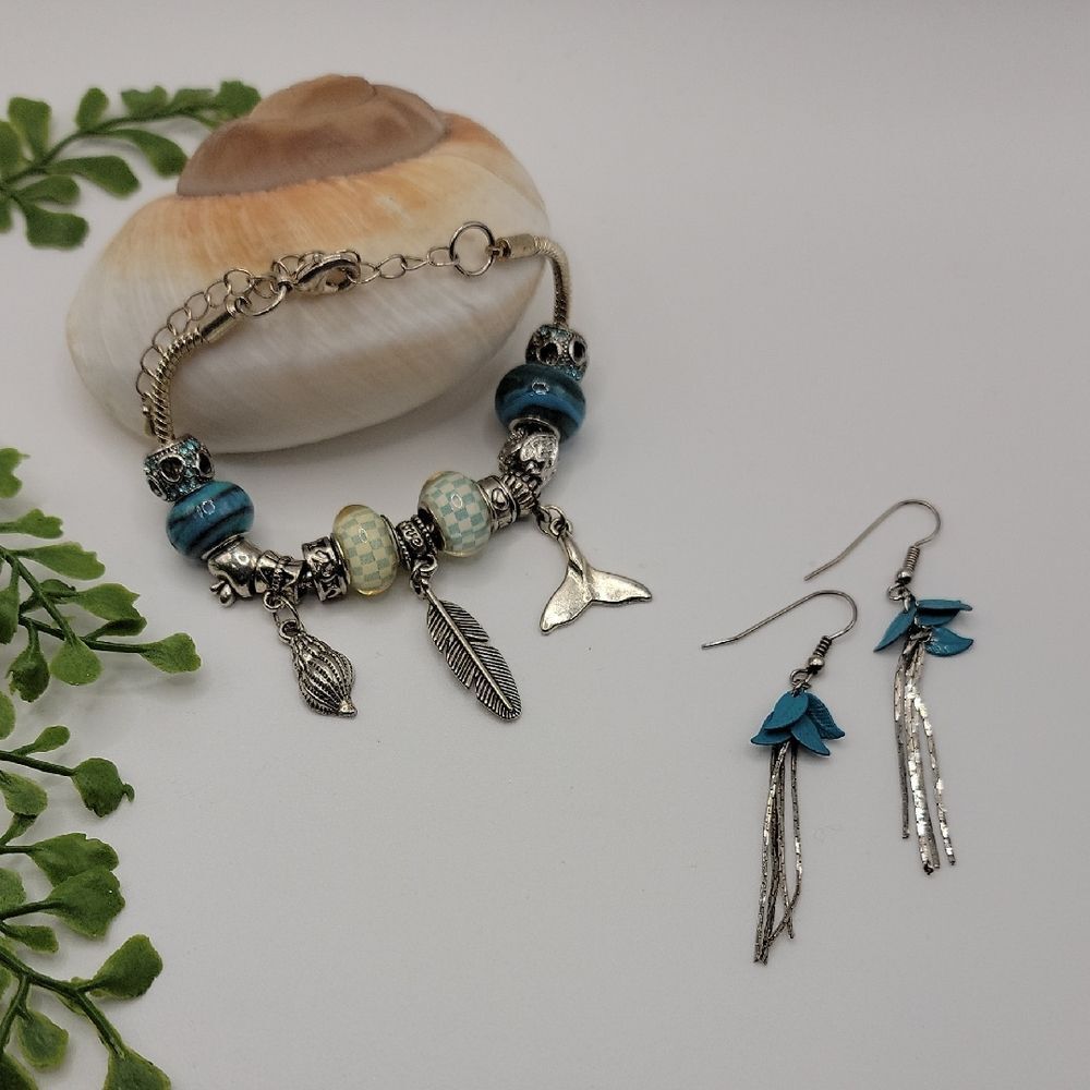 Silver and Blue Charm Bracelet and Complimentary Earring Set 7"-9"